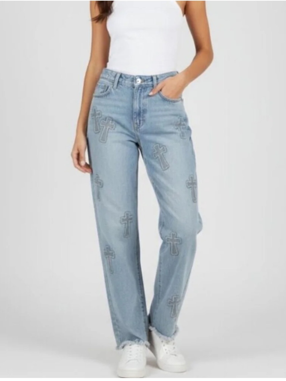 Austin Landing Light Wash 100% Cotton Studded Crosses Patchwork Denim Jeans Sz 5